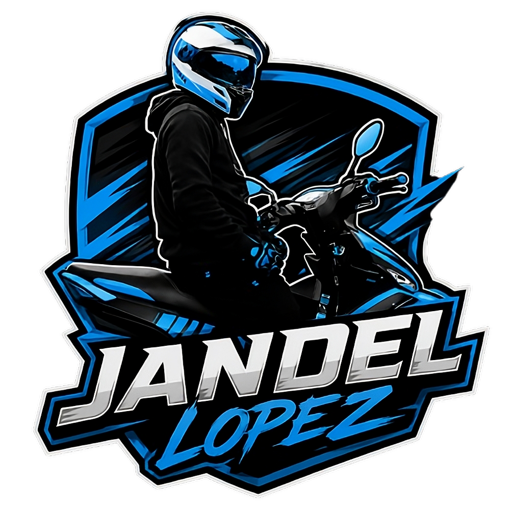 Jandel Lopez crest — illustrated rider on a motorcycle inside a blue and black shield emblem